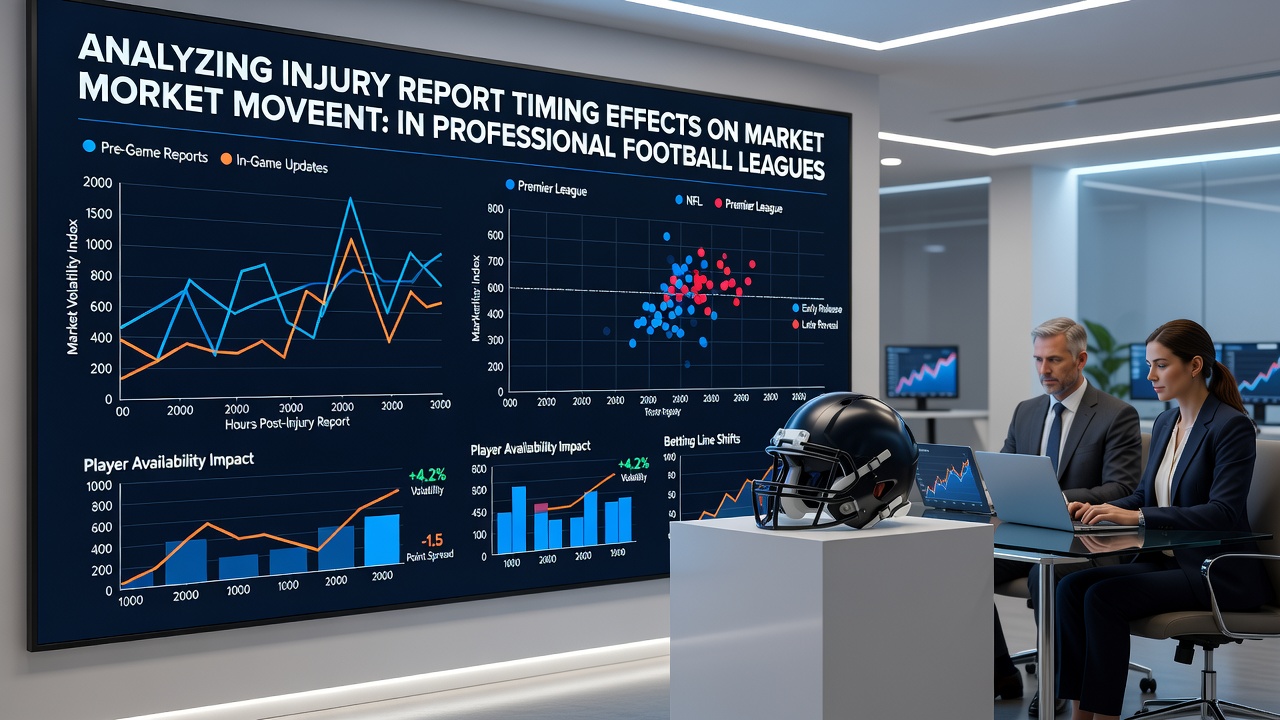 Injury report data displayed on screens alongside live betting market charts in professional football analysis