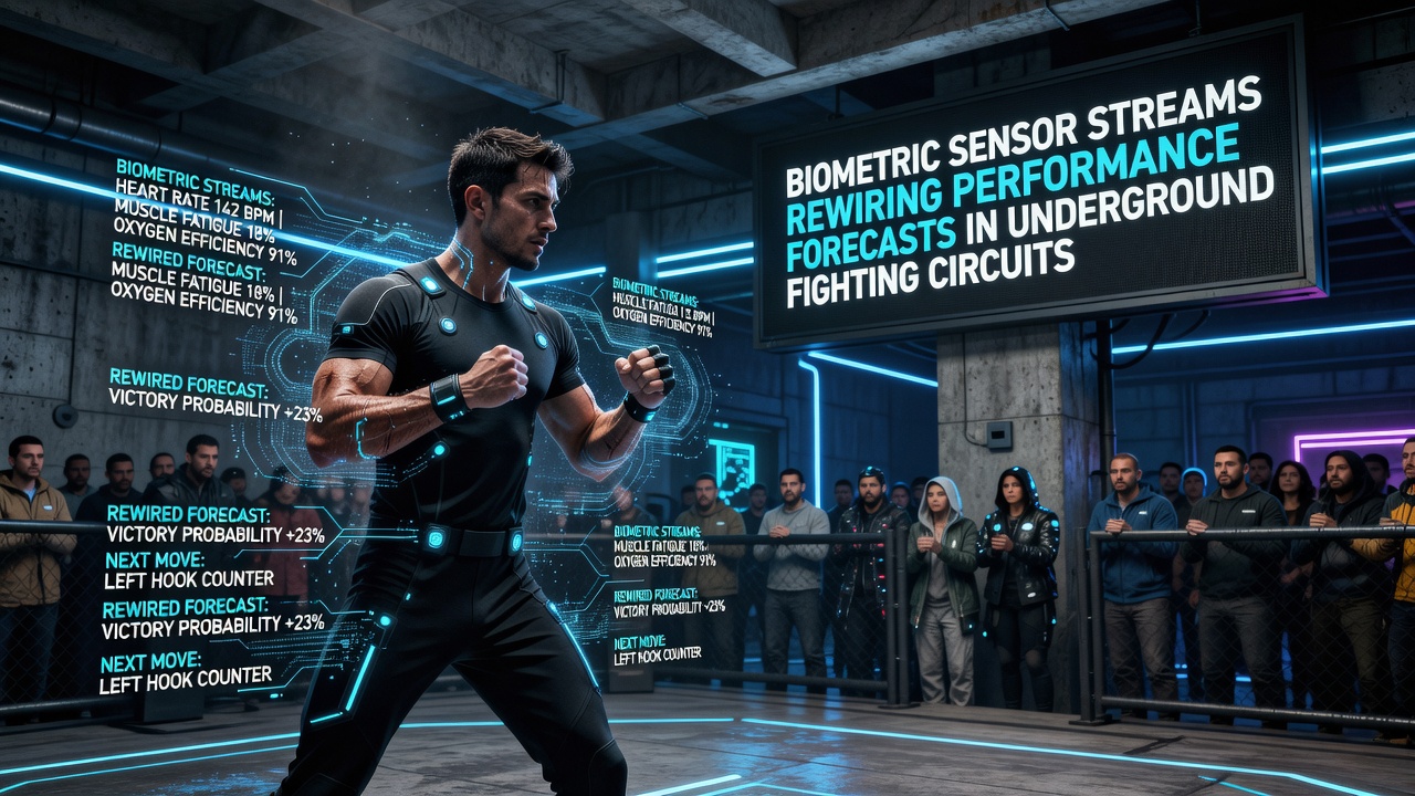 Biometric sensors attached to fighters during an underground match, streaming real-time performance data