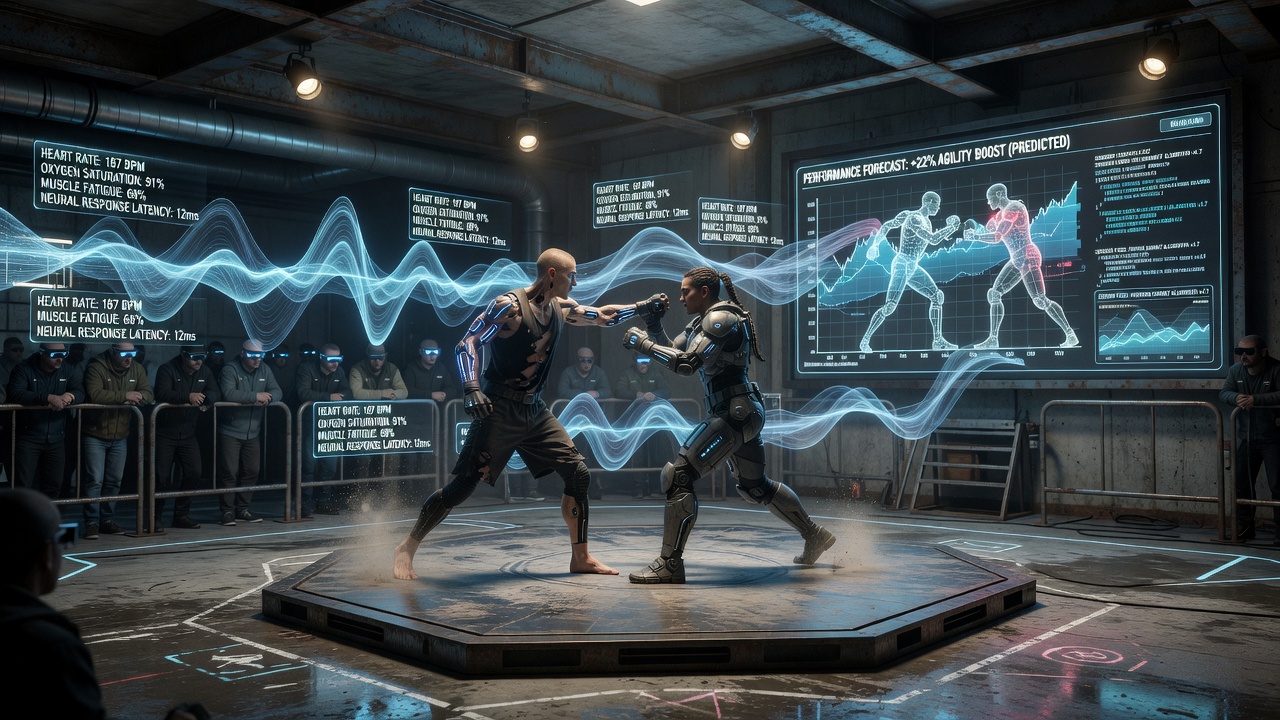 Analysts reviewing real-time biometric data feeds on multiple screens during an underground fighting event