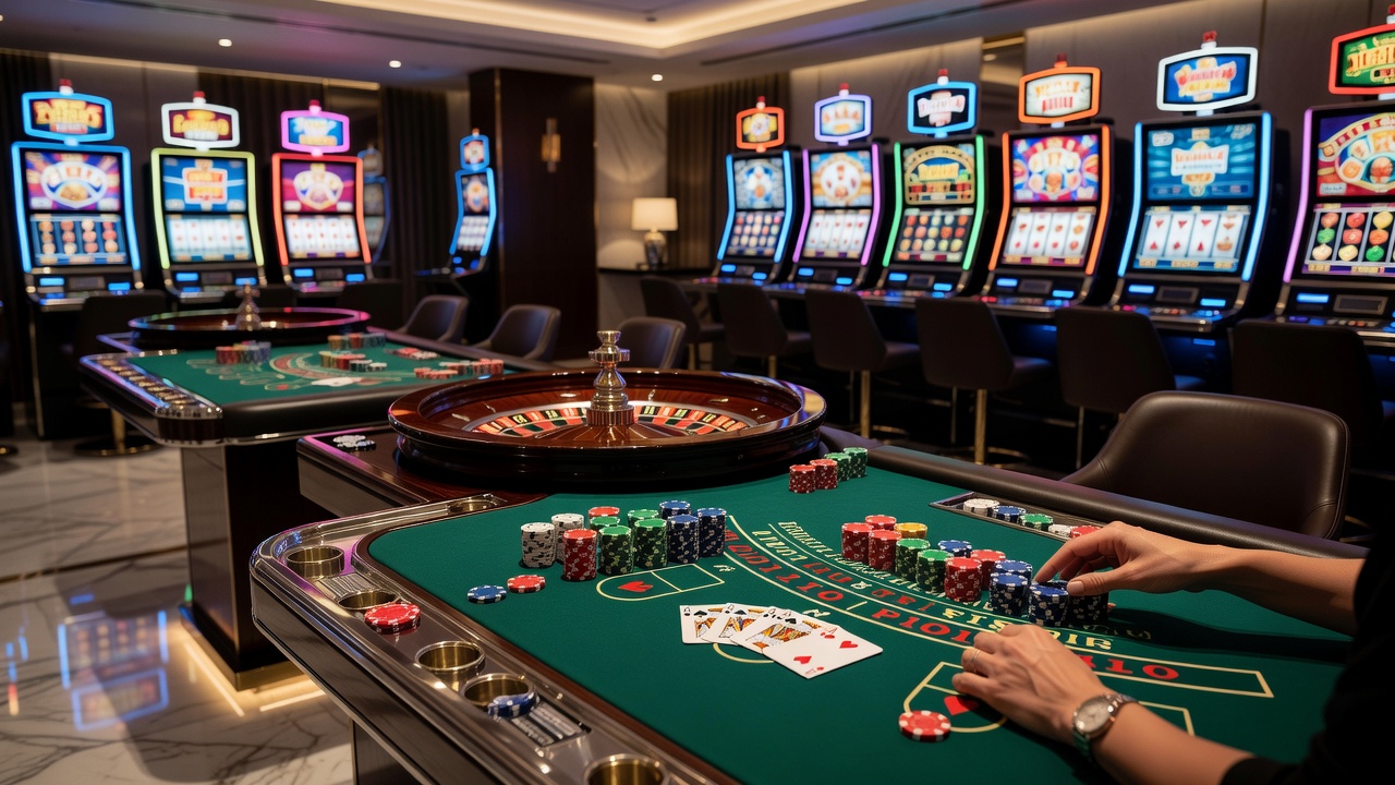 Overview of classic casino gaming tables including roulette and blackjack setups in a traditional venue