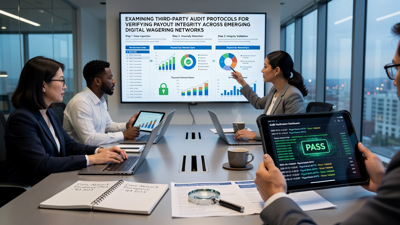 Third-party auditors reviewing digital wagering transaction logs and payout verification systems on multiple screens