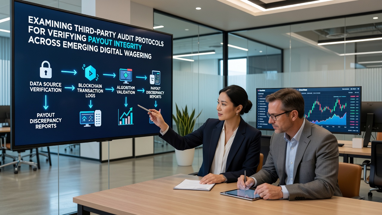 Auditors analyzing payout integrity data from international digital wagering platforms in a secure review center