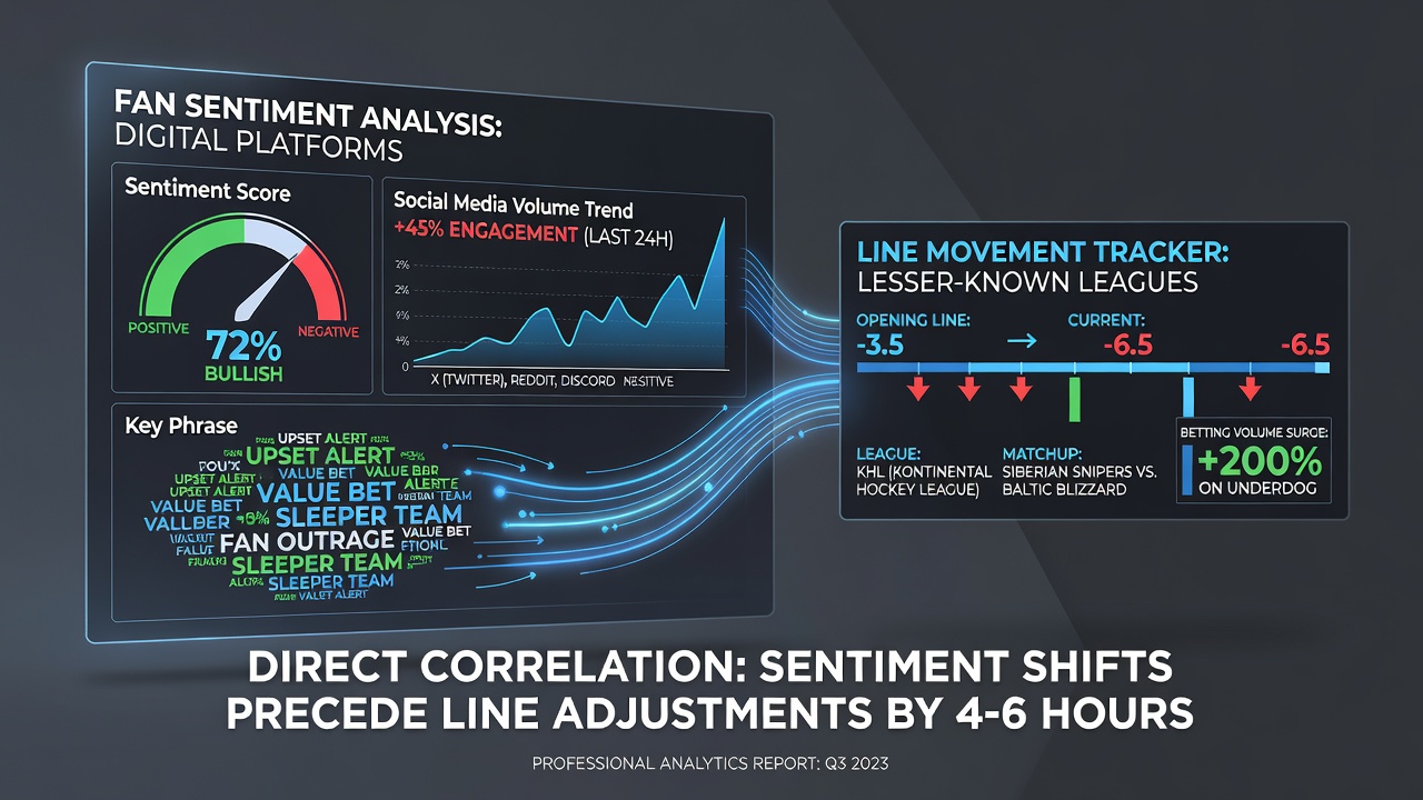 Graphs and charts illustrating correlations between online fan sentiment spikes and real-time betting line changes in secondary sports leagues