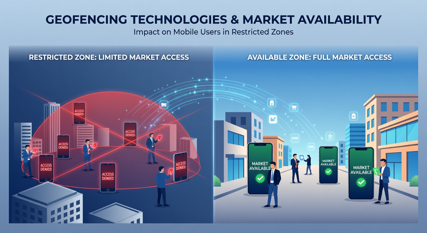 Geofencing technology illustration showing location boundaries and mobile device interactions in restricted areas