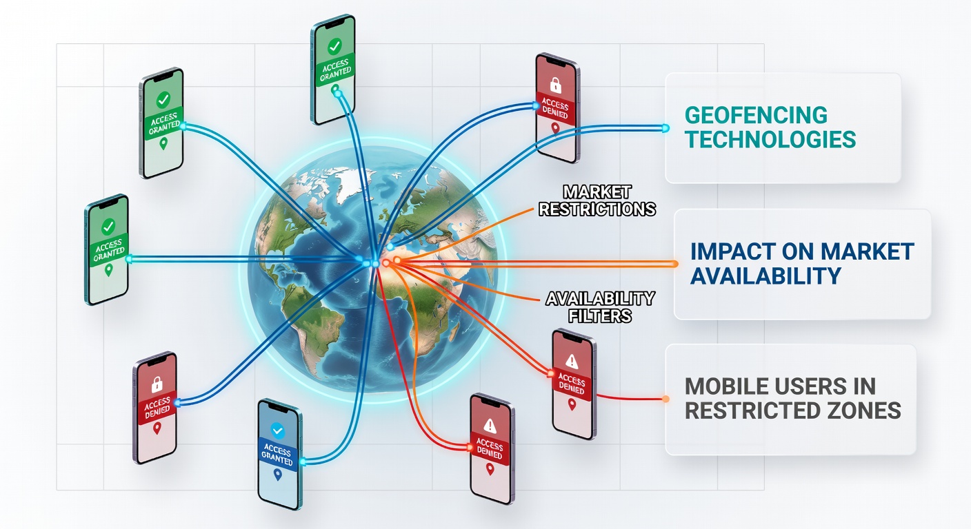 Mobile user interface demonstrating restricted market access due to geofencing boundaries