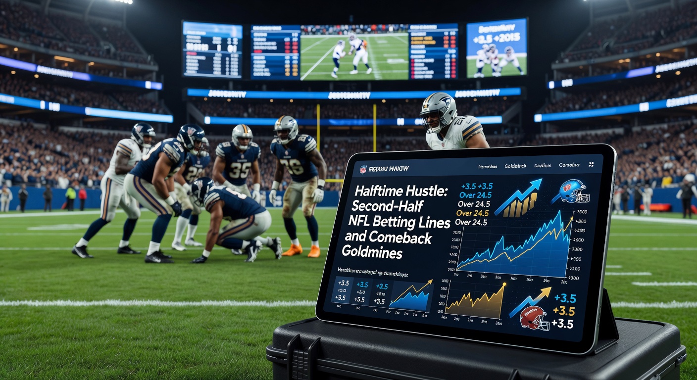 NFL halftime scene with players huddling and scoreboard showing a close game, highlighting second-half betting opportunities