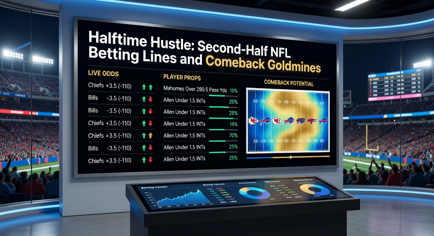 Close-up of NFL scoreboard at halftime displaying adjusted second-half betting lines, with comeback momentum building