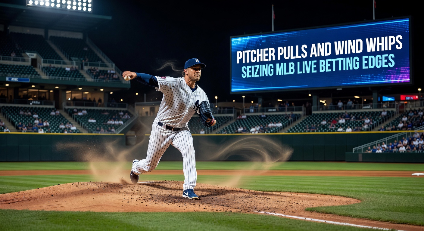 Wind blowing fiercely across an MLB outfield during a day game, with a batter mid-swing and a fly ball carrying farther than expected, illustrating live betting wind impacts