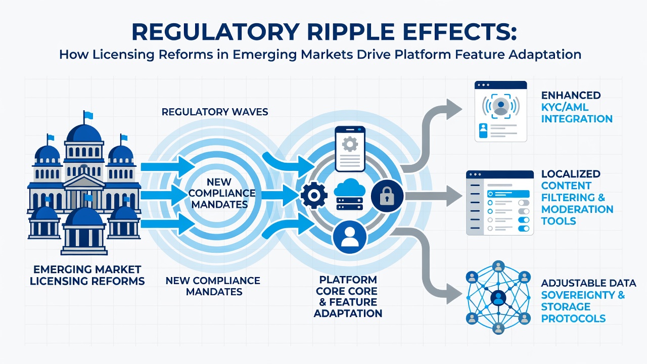 Platform feature adaptation workflow diagrams illustrating licensing-driven changes across betting networks