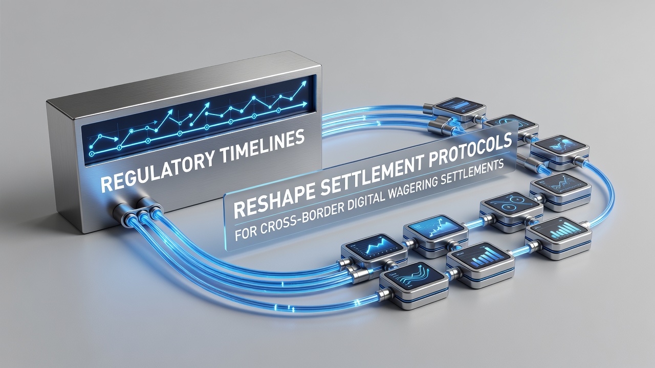Regulatory documents and timelines for digital wagering settlements displayed on a desk with international flags