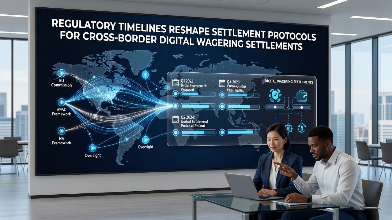 Digital interface showing cross-border wagering settlement protocols and compliance timelines