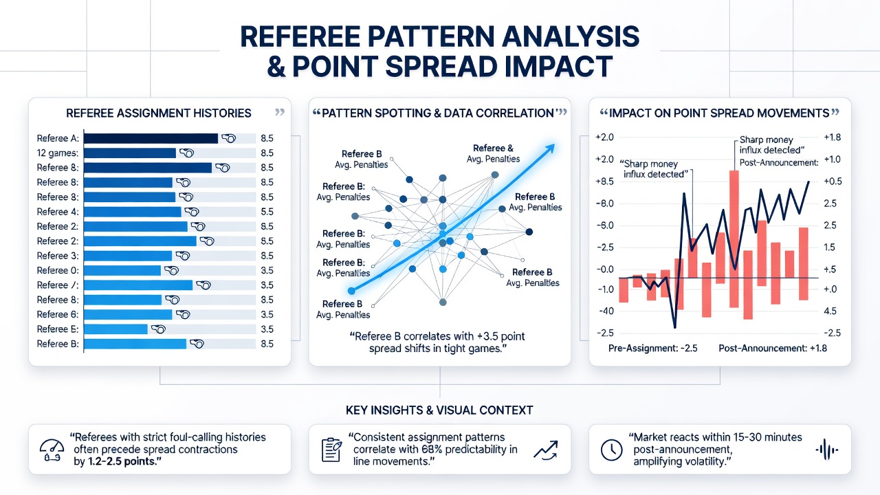 Real-time betting interface displaying point spread adjustments alongside referee statistics during an ongoing professional game