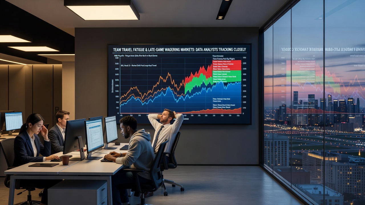 Data analysts examining team travel schedules and betting market trends in professional sports leagues