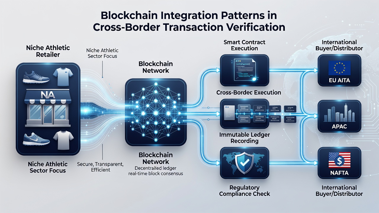 Secure ledger visualization showing cross-border payment flows between athletic event organizers and international participants