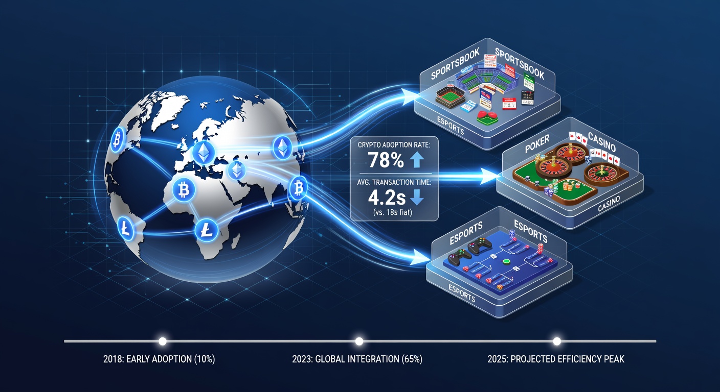 Cryptocurrency transaction flow in international betting platforms showing blockchain networks and wagering interfaces