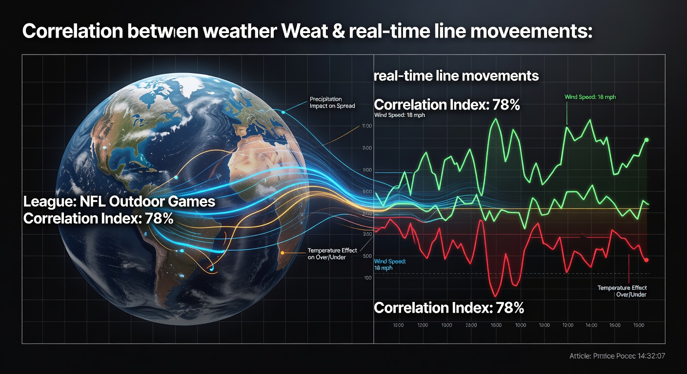 Weather data overlays on live sports betting lines for outdoor leagues showing wind and precipitation impacts